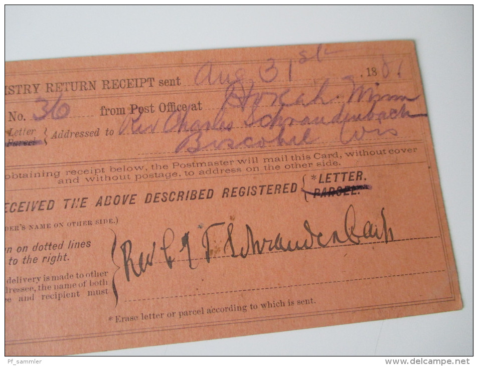Post Office Department / Official Business For A Registered Letter. 1881 Boscobel Wisconsin. Registry Return Receipt - Service