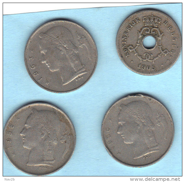 Belgique . 4 Pièces De Monnaie Différente De 1905 ,1950 , 1958 , 1963. - Autres & Non Classés