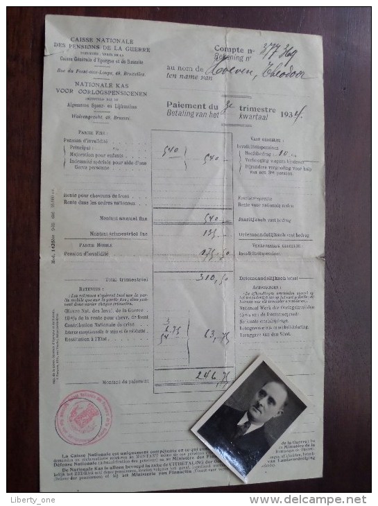 HOEVEN Théodore Nationale Kas Voor Oorlogspensioenen Anno 1934 / Met Pasfoto ( Zie Foto´s Voor Details) ! - Documents