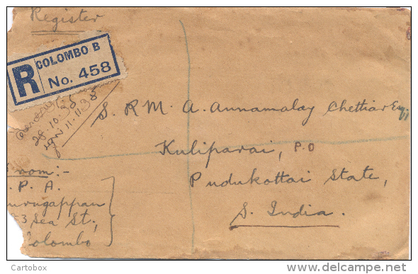 Ceylon, Cover Registered Letter From Colombo  To  India   1935  (  2 X Scan) - Sri Lanka (Ceylon) (1948-...)