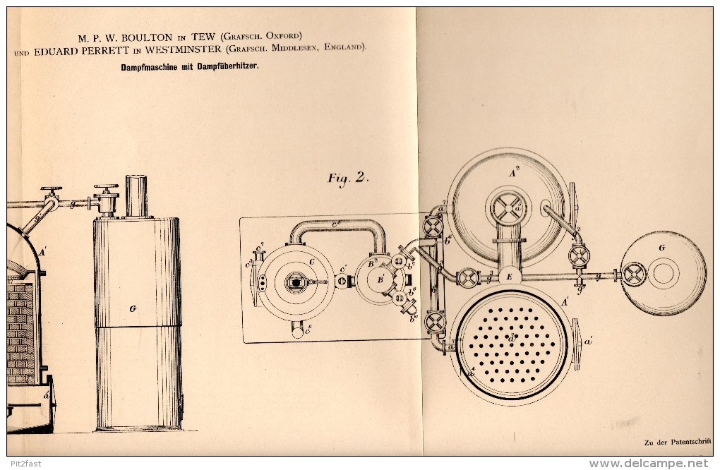 Original Patent - M. Boulton In Tew / Oxford , 1884 , Steam Engine , E. Perrett In Westminster !!! - Tools