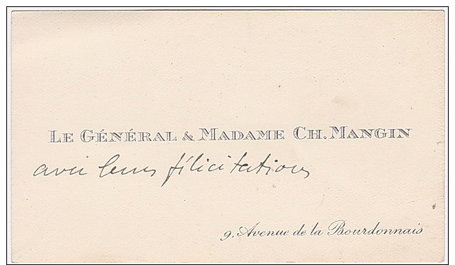 Carte De Visite Du Général & Madame Ch. MANGIN - 9, Avenue De La Bourdonnais (Paris) - Visiting Cards