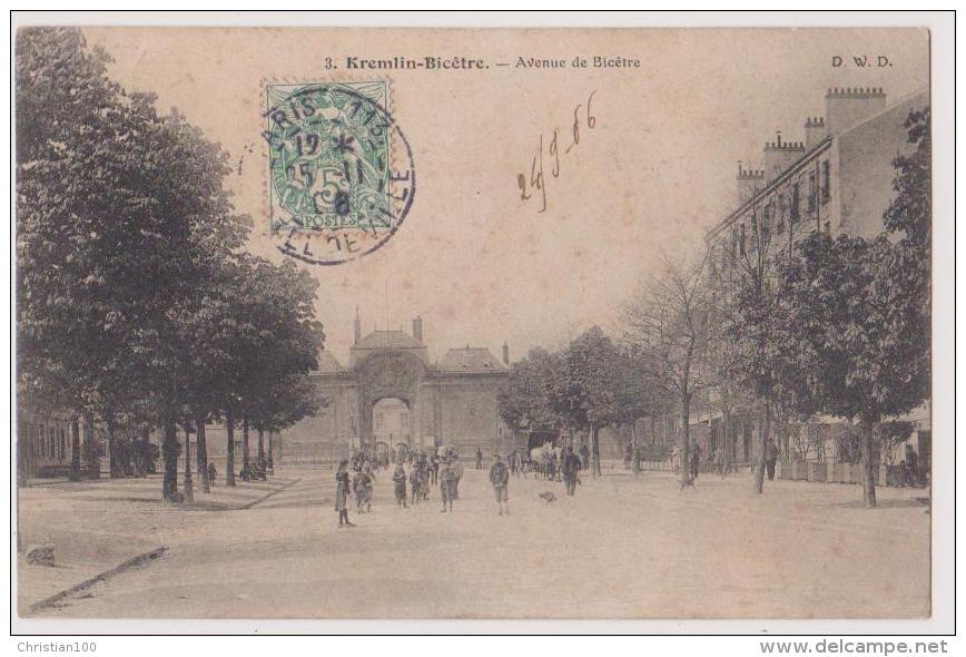 KREMLIN BICETRE : AVENUE DE BICETRE - AU FOND L'ASILE - ECRITE EN 1906 - 2 SCANS - - Kremlin Bicetre