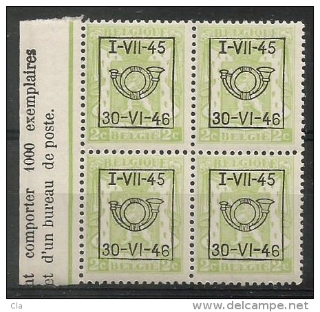 PRE 538 Bloc 4  **  Cdf  Insc. Marginales - Typos 1936-51 (Petit Sceau)