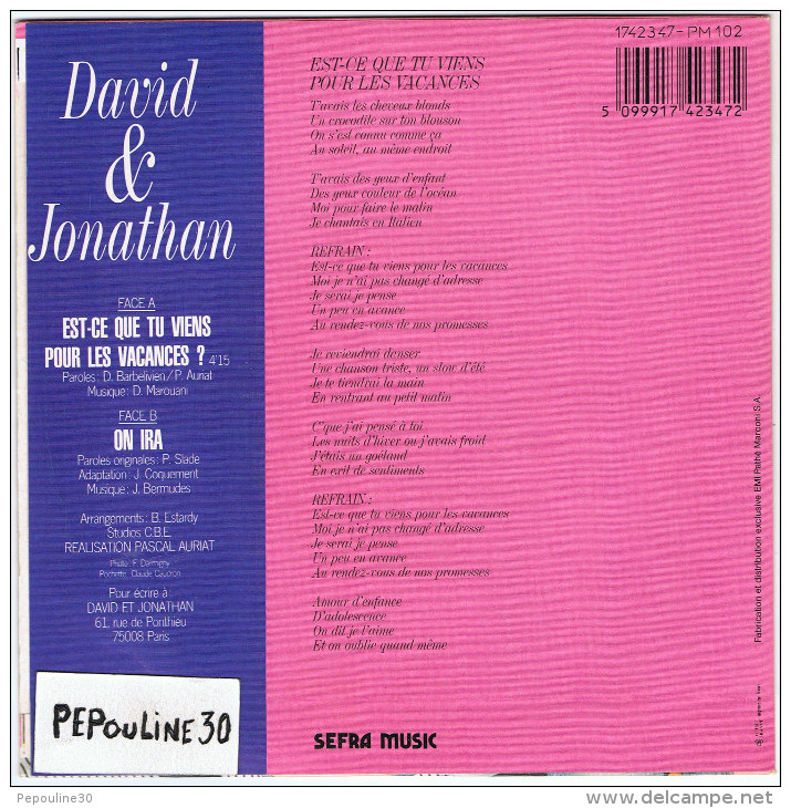 DAVID & JONATHAN.- (A) Est-ce Que Tu Viens Pour Les Vacances ; (B) On Ira. 1988. - Disco, Pop