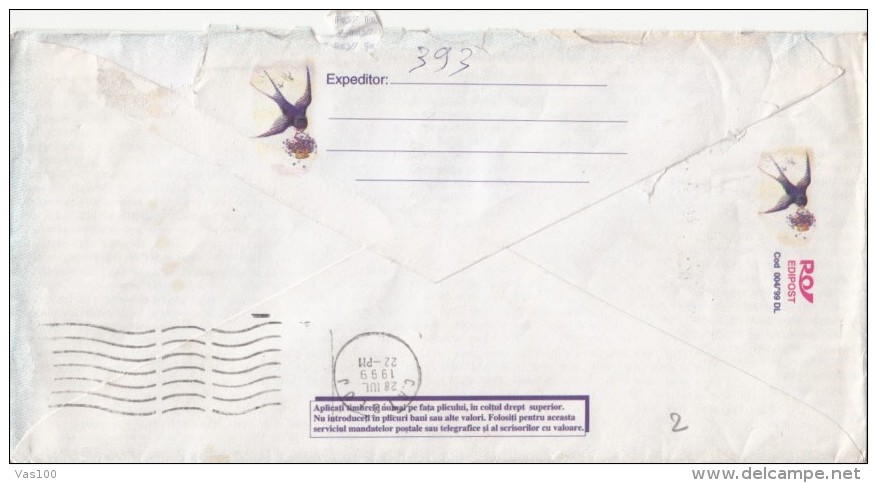 BIRD, SWALLOW, COVER STATIONERY, ENTIER POSTAL, 1999, ROMANIA - Zwaluwen