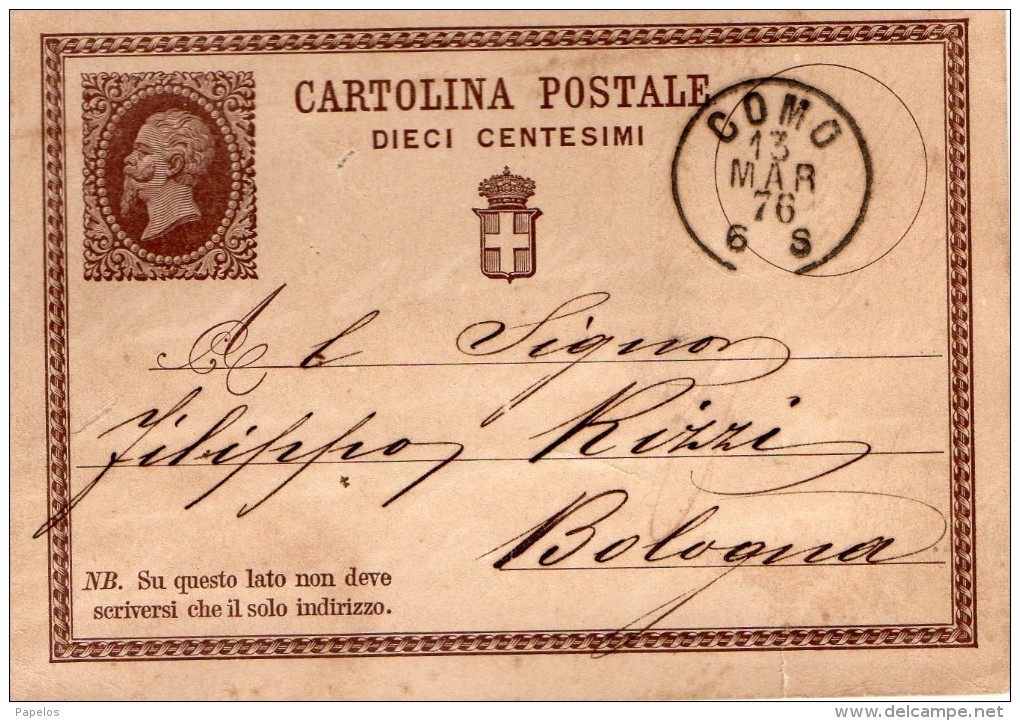 1876   CARTOLINA CON ANNULLO  COMO - Entero Postal