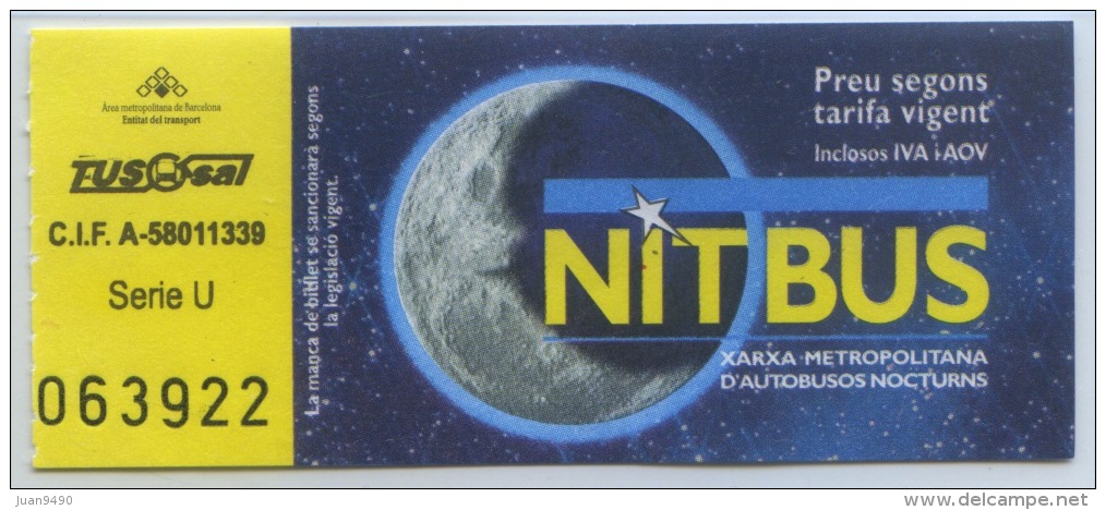 BILLETE NOCTURNO DE LOS AUTOBUSES TUGSAL  BARCELONA  // NITBUS// (1) - Europa