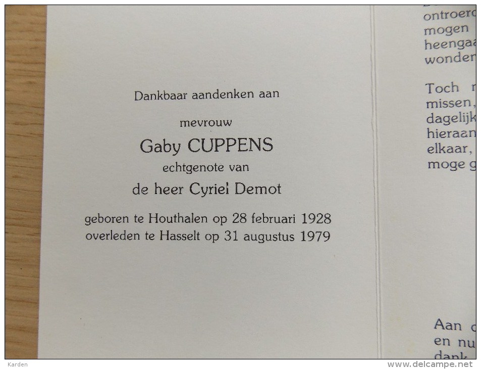 Doodsprentje Gaby Cuppens Houthalen 28/2/1928 Hasselt 31/8/1979 ( Cyriel Demot ) - Religión & Esoterismo