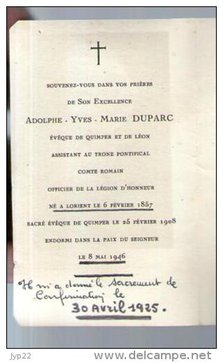 Image Pieuse Holy Card Décès Adolphe Duparc Evêque De Quimper Et De Léon Officier Légion Honneur 8-05-1946 - G. Herry - Images Religieuses