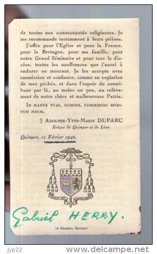 Image Pieuse Holy Card Décès Adolphe Duparc Evêque De Quimper Et De Léon Officier Légion Honneur 8-05-1946 - G. Herry - Images Religieuses