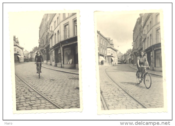 CINEY, Lot De 2 Photos (+/- 6 X 9 Cm) De La Rue Du Centre  Femme En Vélo (sf95) - Lieux