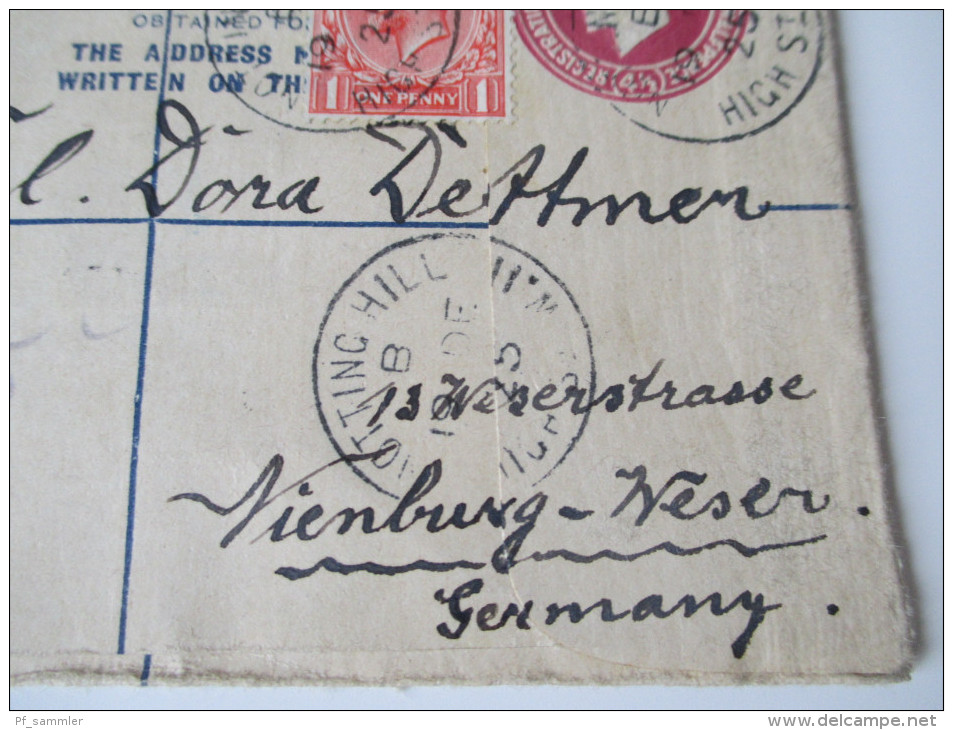 Registered Letter 1925 Notting Hill - Nienburg 6 Stempel / Six Cancels. Bahnpoststempel Hannover - Wilhelmshaven Zug 132 - Brieven En Documenten