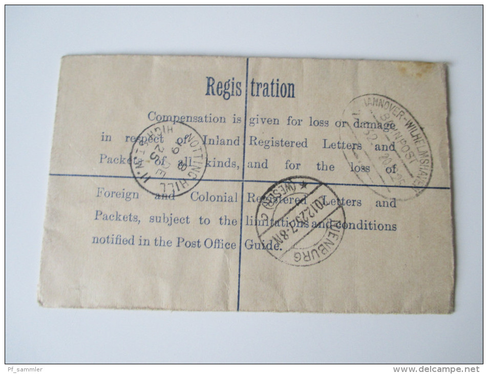 Registered Letter 1925 Notting Hill - Nienburg 6 Stempel / Six Cancels. Bahnpoststempel Hannover - Wilhelmshaven Zug 132 - Brieven En Documenten