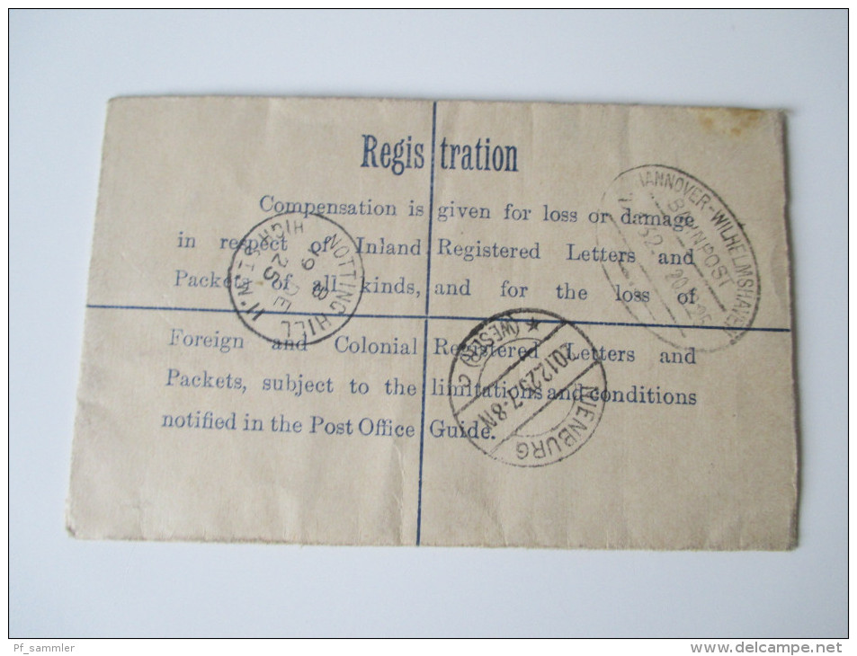 Registered Letter 1925 Notting Hill - Nienburg 6 Stempel / Six Cancels. Bahnpoststempel Hannover - Wilhelmshaven Zug 132 - Cartas & Documentos