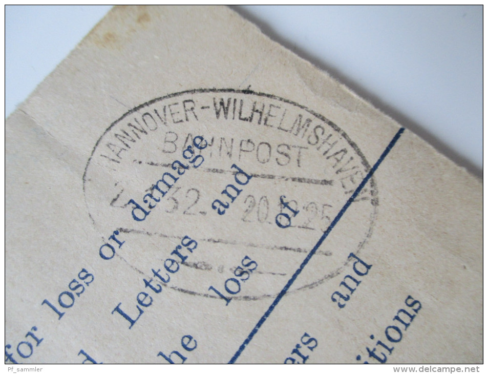 Registered Letter 1925 Notting Hill - Nienburg 6 Stempel / six cancels. Bahnpoststempel Hannover - Wilhelmshaven Zug 132