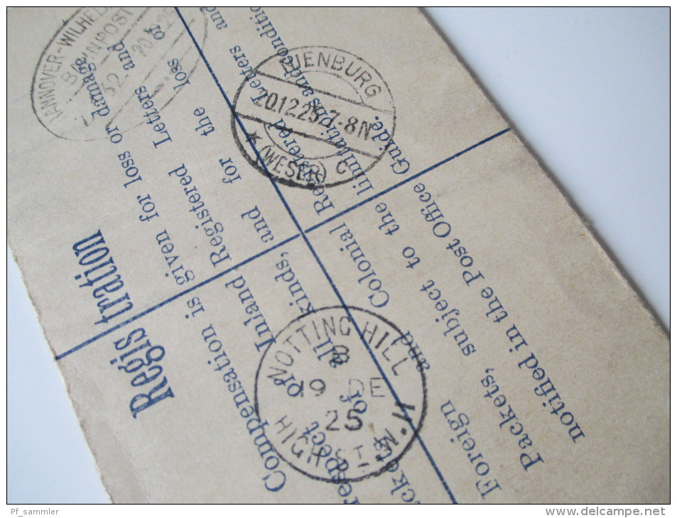 Registered Letter 1925 Notting Hill - Nienburg 6 Stempel / six cancels. Bahnpoststempel Hannover - Wilhelmshaven Zug 132