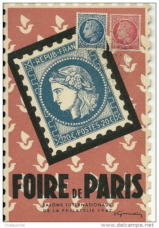 CARTE MAXIMUM FOIRE DE PARIS SALON INTERNATIONAL DE LA PHILATELIE 1947 CACHET MARCHAND ALEP SYRIE ILL J. GERMAIN - 1940-1949