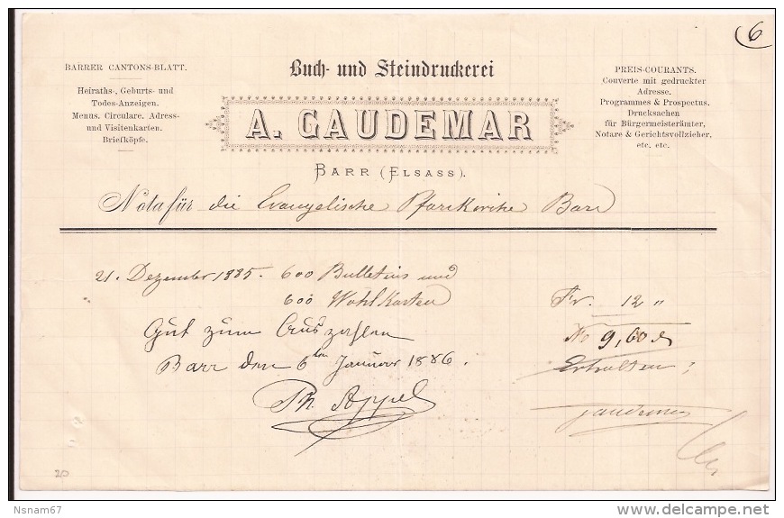 F20 - BARR 1885 - A. GAUDEMAR - IMPRIMERIE - IMPRIMEUR - ALSACE - BAS RHIN - 67 - - 1800 – 1899