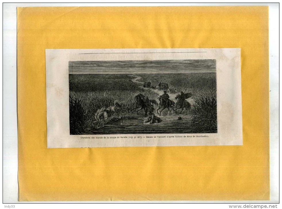 - TRAVERSEE DES MARAIS DE LA STEPPE DE BARABA   . GRAVURE SUR BOIS DU XIXe S . DECOUPEE ET COLLEE SUR PAPIER . - Autres & Non Classés