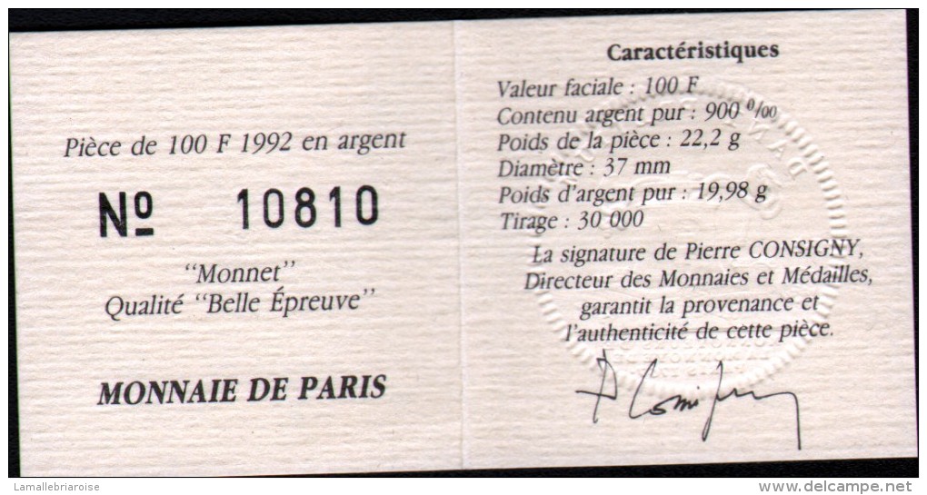 100 FRANCS - QUALITE BELLE EPREUVE AVEC CERTIFICAT - 1992 JEAN MONNET - Other & Unclassified