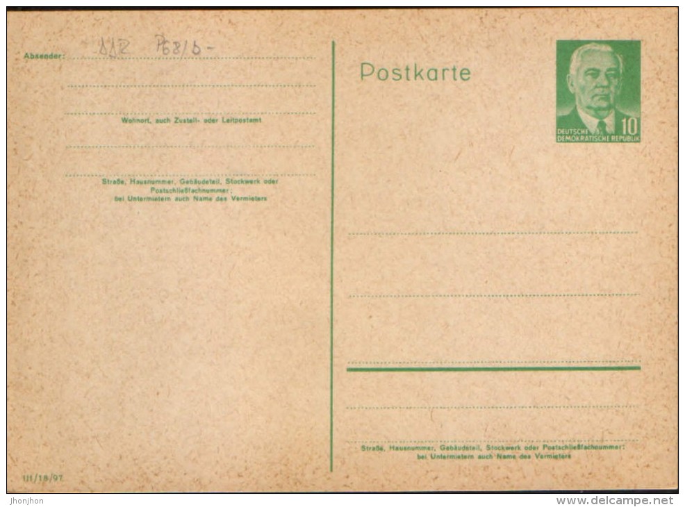 Germany/DDR-Postal Stationery Postcard,unused 1956 - P68/b Grauweiss,W.Pieck - Postcards - Mint