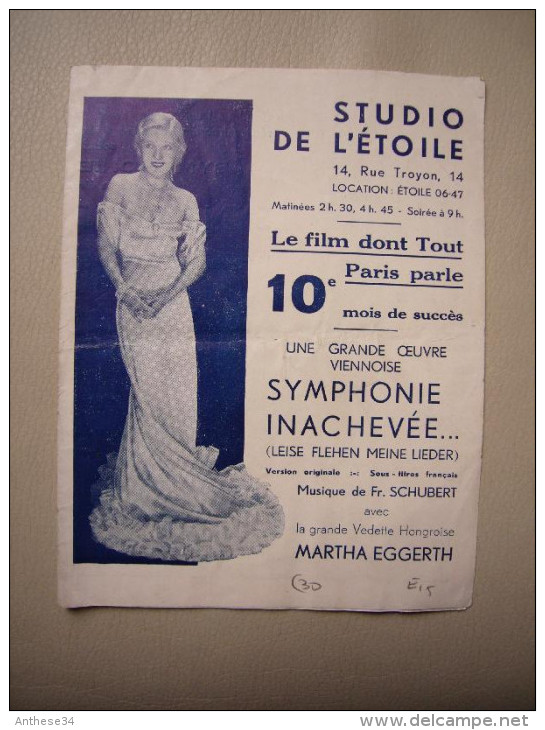 Studio De L'étoile Film Symphonie Inachevée Avec Martha Eggerth Musique De Schubert 1933 - Programs