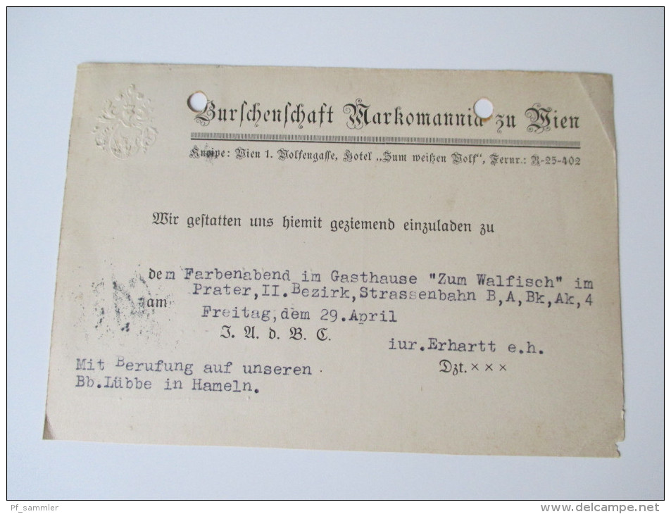 Österreich 1932 Postkarte / Studentika. Burschenschaft Markomannia Zu Wien. Kneipe Zum Weißen Wolf / Zum Walfisch - Briefe U. Dokumente