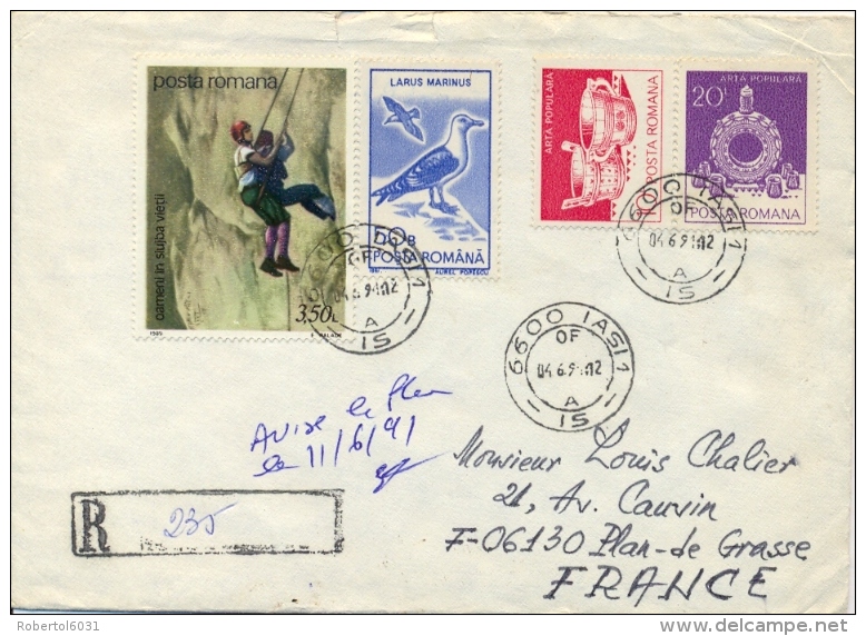 Romania 1991 Registered Cover To France With 3,50 L Mountain Rescue +  10 B Bird Larus Marinus + 10 L And 20 L. Folk Art - First Aid