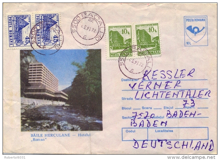 Romania 1993 Postal Stationery Envelope 10 L. Hotel + Hotels 2 X 10 L. + 2 X 30 L. + 2 X 45 L. From Bacau To Germany - Hostelería - Horesca