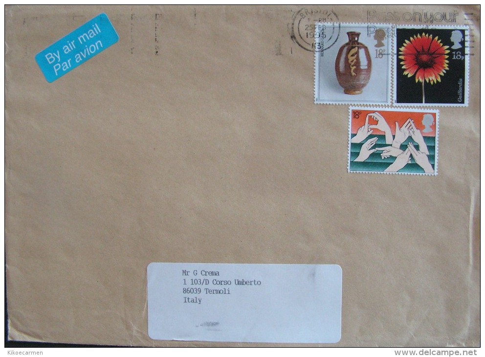 UK 1995 1987 AIR MAIL TO Italy Hand Hands Flower Glass Letter QUEEN ELIZABETH II Used On COVER - Lettres & Documents