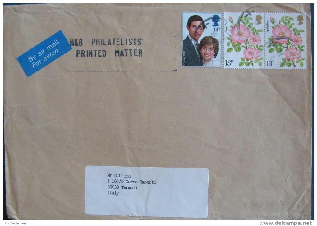 UK 1993 AIR MAIL TO Italy Letter 13p Flower Flowers 1981 14p Royal Wedding Diana Charles QUEEN ELIZABETH II Used COVER - Brieven En Documenten