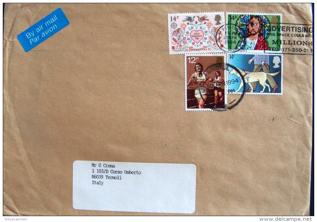 UK 1994 AIR MAIL TO Italy Letter 13p Dog Blind Sport Running Christ Christmas Religion St. Valentine's Day Used COVER - Covers & Documents