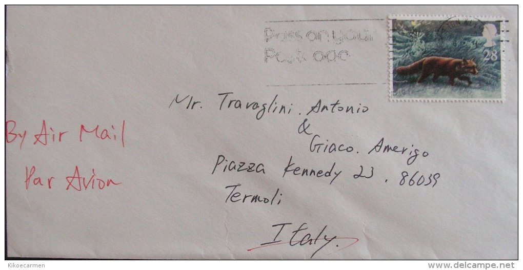 UK 1992 AIR MAIL TO Italy Letter FOX Animal Used COVER - Lettres & Documents