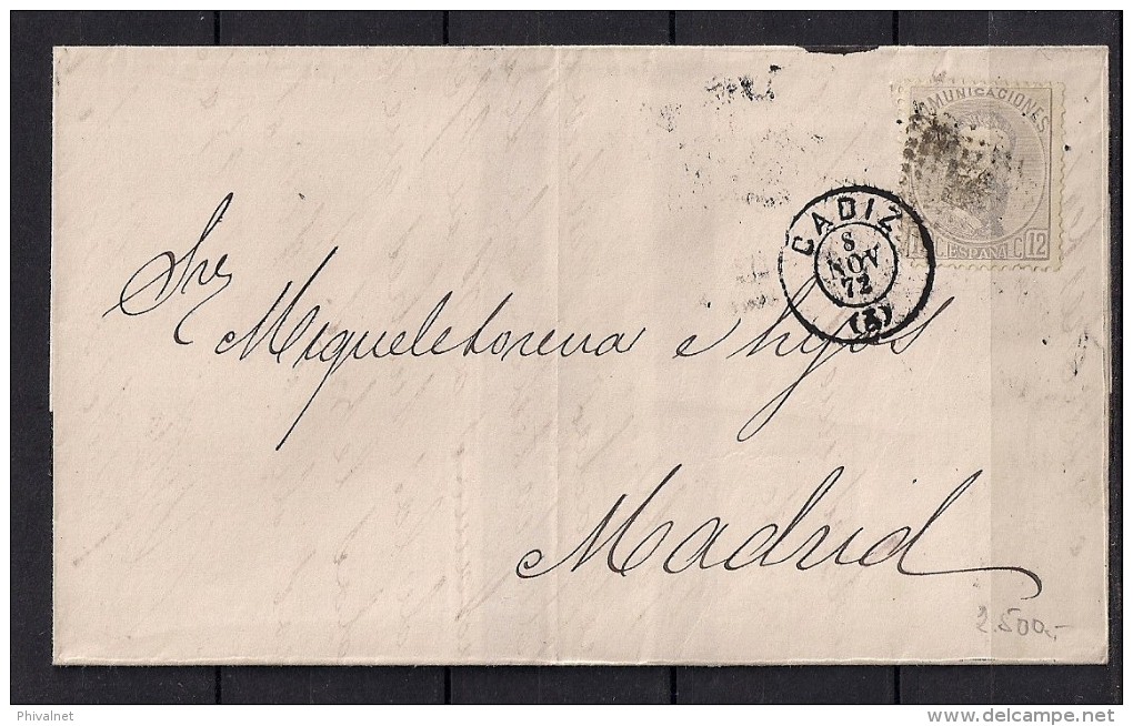 1872, ENVUELTA CIRCULADA DE CADIZ A MADRID, 12 CUARTOS, ED. 122 - Cartas & Documentos