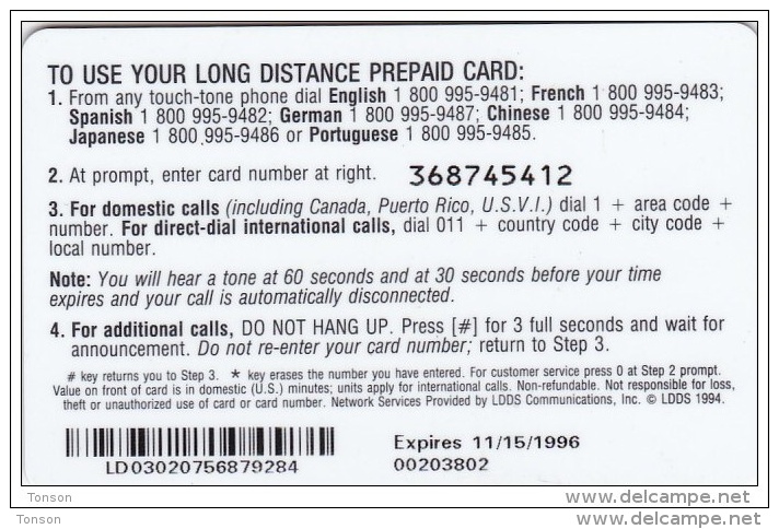 United States, Long Distance Prepaid Card, 15minuttes USA To UK, 2 Scans. - Andere & Zonder Classificatie
