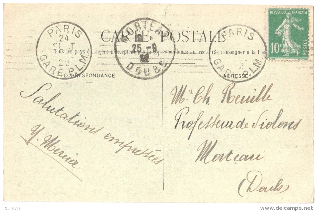 2833 PARIS  GARE P.L.M.  Oblitération Krag Dreyfus C5301 Semeuse 10 C Vert Yv 159 Ob 24 9 22 - Oblitérations Mécaniques (Autres)