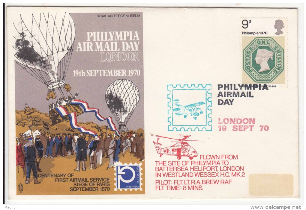 Air Balloon, PHILYMPIA Airmail Day, Stamp Exhibition, Helicopter, "Siege Of Paris" France, London RAF 1970, Philately - Other (Air)