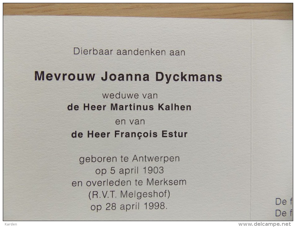 Doodsprentje Joanna Dyckmans Antwerpen 5/4/1903 Merksem 28/4/1998 ( Martinus Kalhen En François Estur ) - Religione & Esoterismo