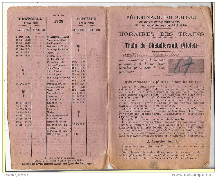 Train De Châtellerault Vienne 85 Horaire Chatillon Thouars Chemin De Fer 1929 La Tricherie Les Barres Dissay - Europa