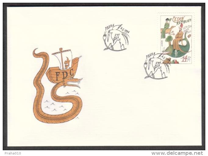 Czech Rep. / First Day Cover (1994/05 B) Praha: EUROPA - Marco Polo (1254-1324); Stamp: Whale; FDC: Bird, Sea Serpent - Ballenas