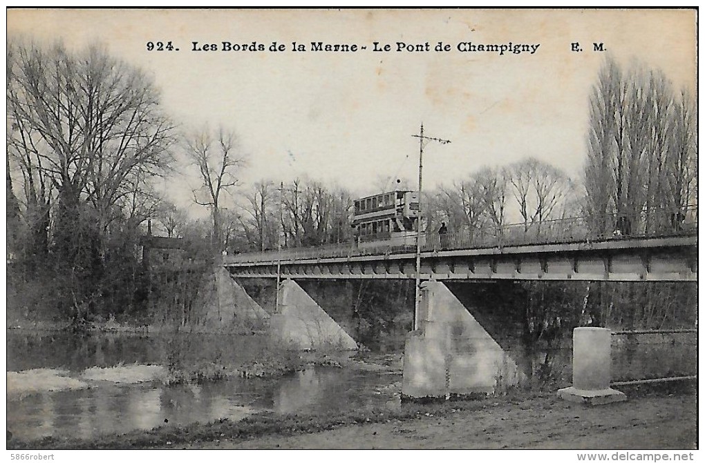 CARTE POSTALE ORIGINALE ANCIENNE : LE PONT DE CHAMPIGNY TRAMWAY IMPERIALE A ETAGE ANIMEE VAL DE MARNE (94) - Tramways