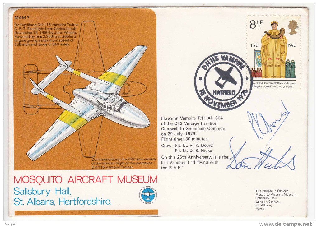 RAF 1976 Flown Limited Autograph Cover, Vampire, Hatfield, Mosquito Aircraft Museum, Airplane, Defence, - Lettres & Documents