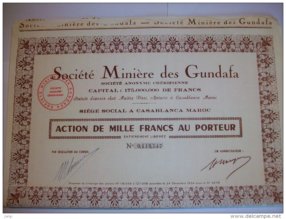 2558  -- Etr. MAROC -  Sté Minière Des GUNDAFA Capital 175.000.000 De Frs Action 1.000 Frs - Autres & Non Classés