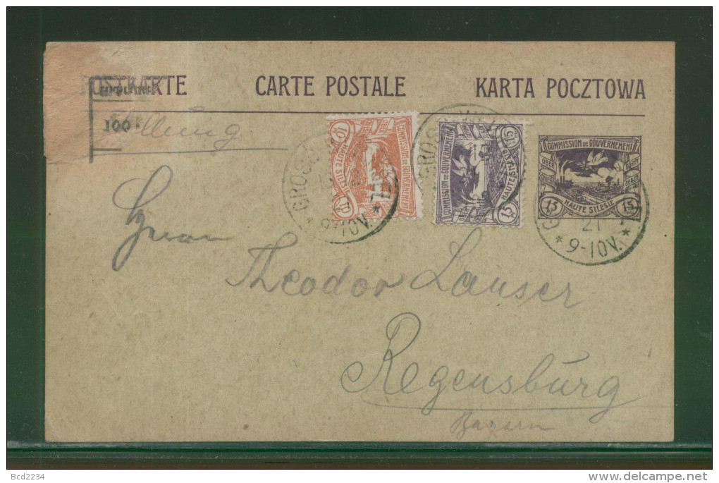 POLAND 1920 HAUTE SILESIA PLEBISCITE 15PF POSTCARD + 10,15PF STAMPS GROSS WEISCHEL (NOW WISLA WIELKA) TO REGENSBURG - Covers & Documents