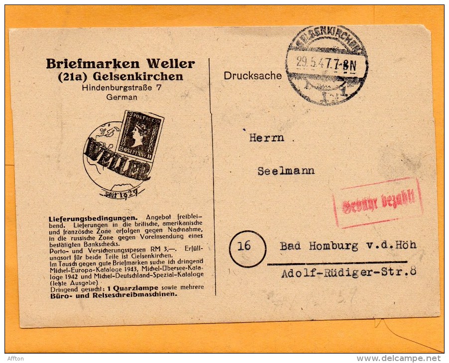 Gelsenkriche 1947 Gebuhr Bezahlt Card Mailed - Sonstige & Ohne Zuordnung