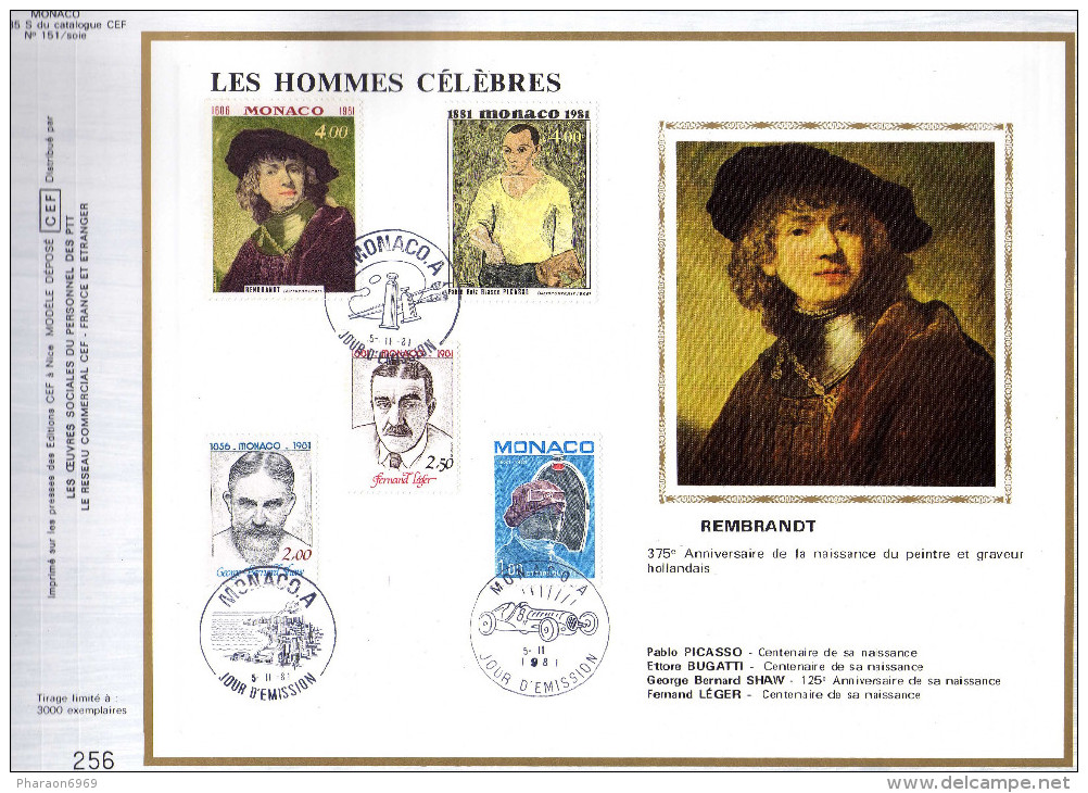 Feuillet Tirage Limité CEF 185 Soie Les Hommes Célébres Rembrandt Picasso Bugatti Shaw Léger - Covers & Documents