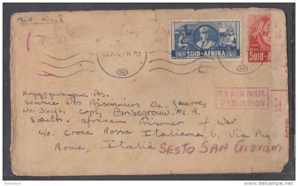 South Africa: Air Mail 22 X 1942 STANDERTON To Prisoner Of War In Italy, Front Only - Covers & Documents