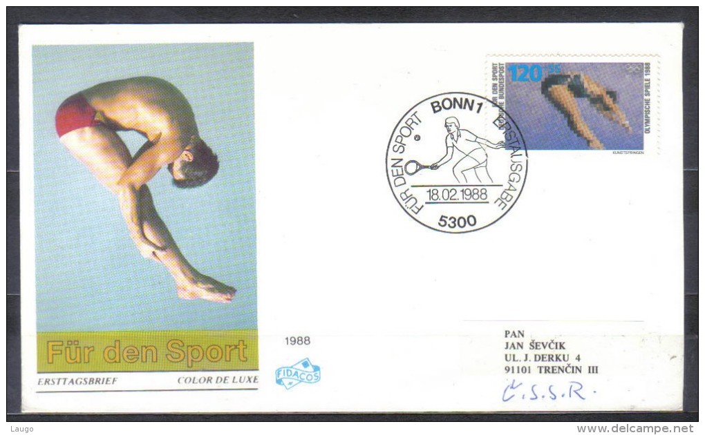 Germany  FDC Mi 1355 Water Jumping 1988  Cancellation Tennis , Addressed - Jumping