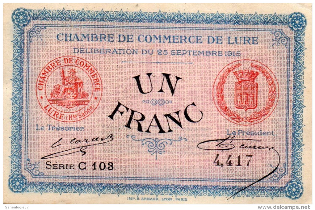 71 - LURE - BILLET CHAMBRE DE COMMERCE DE LURE- UN FRANC - Chambre De Commerce